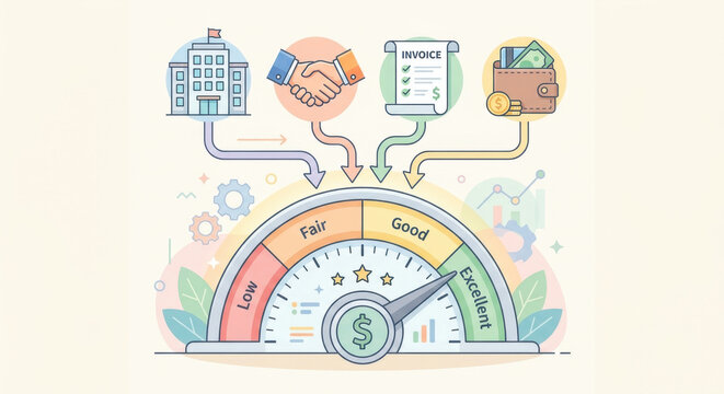Stylized credit meter and business icons: rating agency scorecard, score bands, PD calibration and risk weighting.