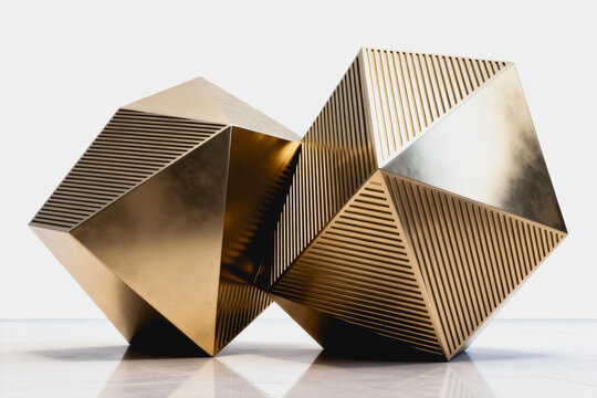 Two polished golden interconnected geometric polyhedrons with linear textures, displayed on a white reflective surface as a modern abstract art piece.
