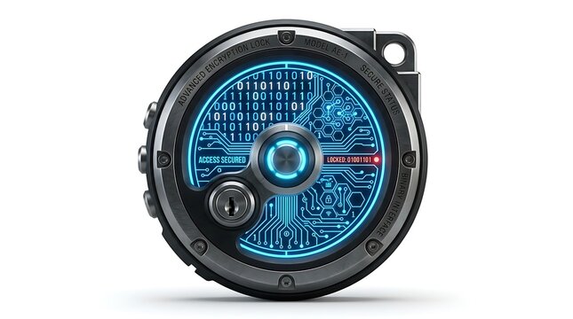 Advanced circular electronic encryption lock featuring glowing blue digital circuitry and binary code patterns presented on white background for design on white background