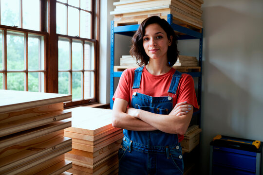 Portrait of young adult Caucasian woman standing with crossed arms in woodworking workshop beside stacked lumber, representing skilled trade business. Ideal for carpentry services