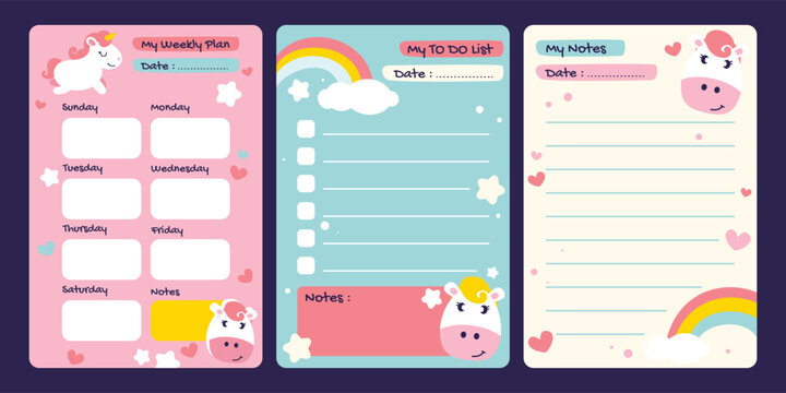 Colorful cute planner and to-do list set with unicorn