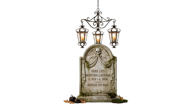 Vintage cemetery headstone and lanterns, antique grave marker with skull, gothic lanterns for Halloween design, isolated old tombstone symbolizing death and mourning isolated PNG with