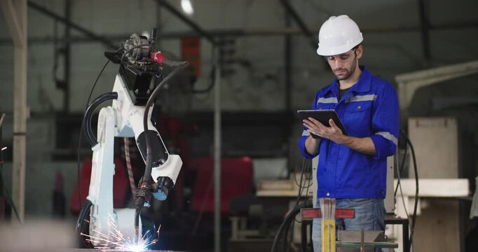 Professional industrial engineer caucasian man using digital tablet for checking, maintenance and repair automation robot arms machine for production in manufacturing industry. Innovation Technology.