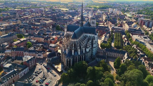 Amiens Cathedral is a 13th-century High Gothic UNESCO World Heritage site in France, renowned for its massive interior volume, soaring spire, and intricate flying buttresses dominating the city.