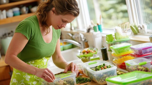 A woman in a green shirt and apron prepares and stores healthy meals in clear plastic containers in a bright kitchen.