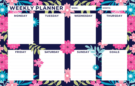 Weekly planner with floral background and goals section