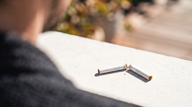 On a warm, sunlit terrace, two broken cigarettes lay abandoned. A figure in the background appears lost in thought, contrasting the serene garden with a hint of struggle.