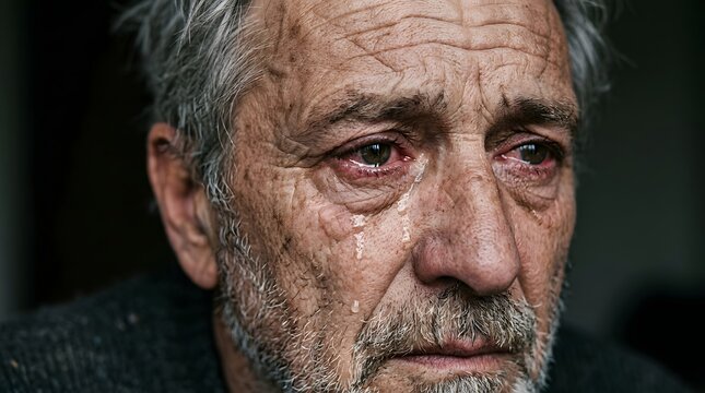 Elderly man with emotional expression and tearful eyes in close-up portrait