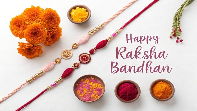 Happy Raksha Bandhan flat lay featuring rakhis and festive flowers.