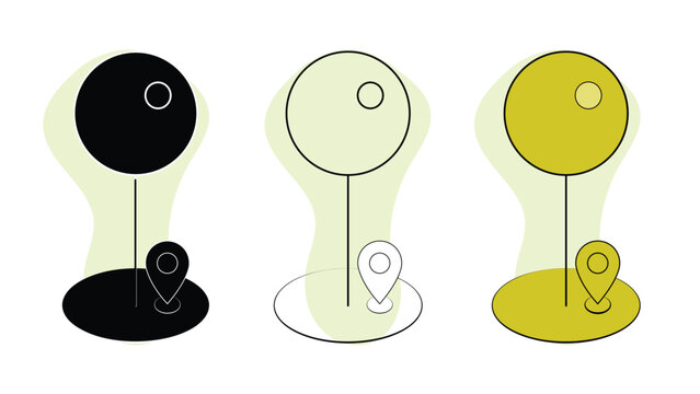 Circular map marker pole icons set with location pins in black, yellow, and outline styles on oval bases