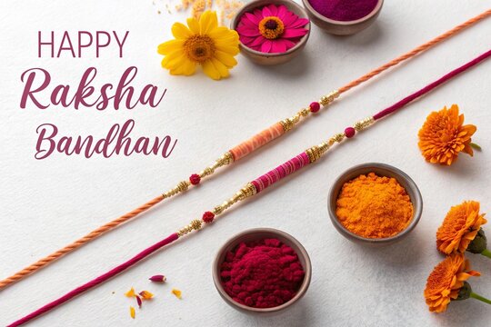 Colorful rakhi threads with marigolds and kumkum powder bowls.