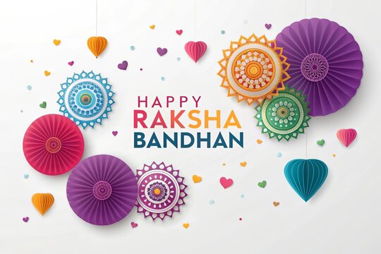 Colorful Happy Raksha Bandhan banner with paper rosette decorations.