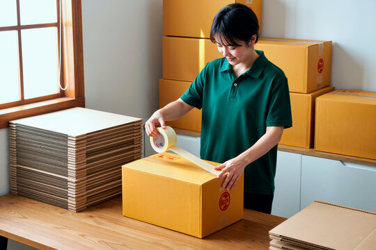 Asian young adult woman sealing shipping box with tape in packing workspace, preparing online orders for delivery. Ideal for e commerce, small business, fulfillment marketing