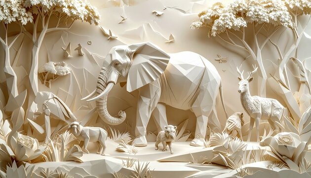 Intricate Paper Carving of African Wildlife Scene.