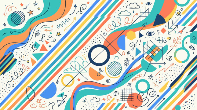 Colorful abstract geometric vector pattern background with doodle elements