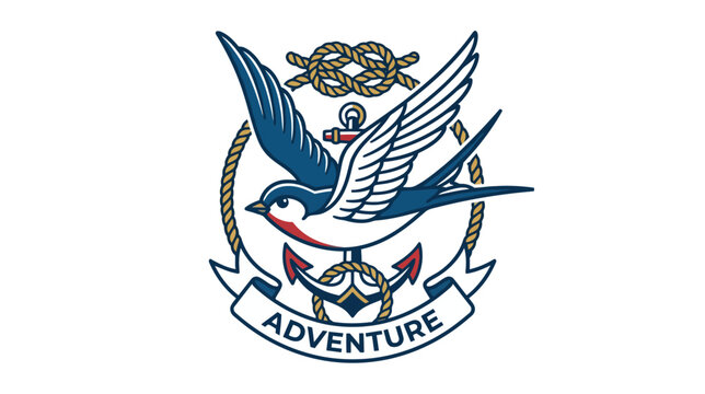 Nautical Swallow Bird, Anchor, Knot, Sailing Emblem with "Adventure"