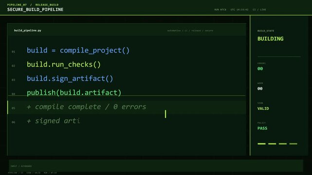 Successful software build pipeline displaying passed status with green confirmation in terminal interface. Code compilation process shows completed stages and signed artifact ready message.
