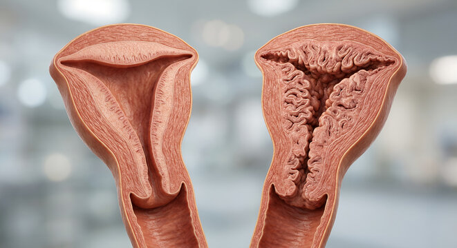 Healthy Endometrium vs Endometrial Hyperplasia 3D Medical Illustration of Thickened Uterine Lining