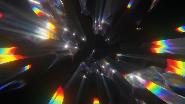 Abstract prism light rays refracting rainbow colors through crystal facets during cinematic motion