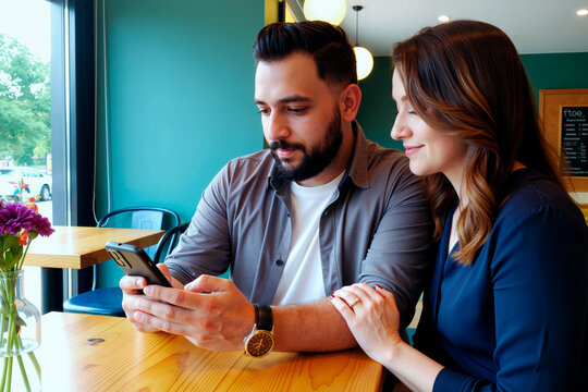 Caucasian young adult couple reviewing smartphone together in cafe, discussing online purchase or digital message. Image supporting mobile banking, fintech, dating app, communication marketing