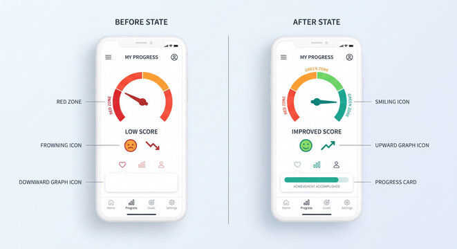 App screens comparison: score history, payment history, utilization rate, credit report summary and push notifications.