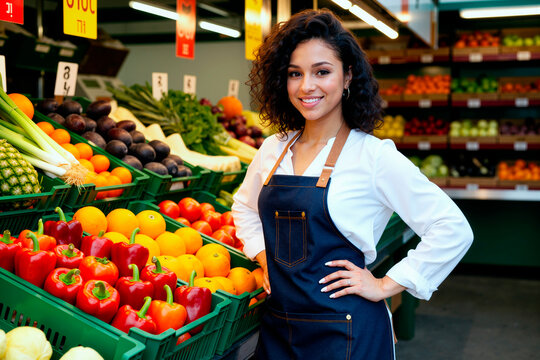 Portrait of young adult woman standing in grocery produce section, managing fresh fruit and vegetable display for retail sales and healthy food marketing campaigns