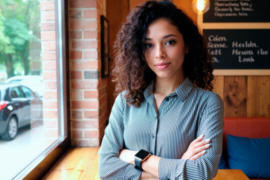 Portrait of young adult woman standing with crossed arms in cafe, looking at camera and presenting confidence and small business leadership. Useful for entrepreneurship marketing and career branding
