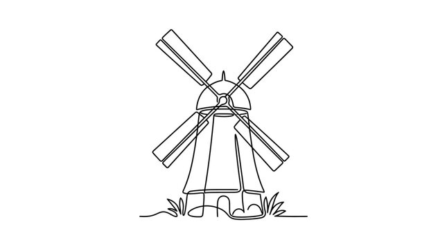 Continuous single line drawing of a rustic windmill farm building.