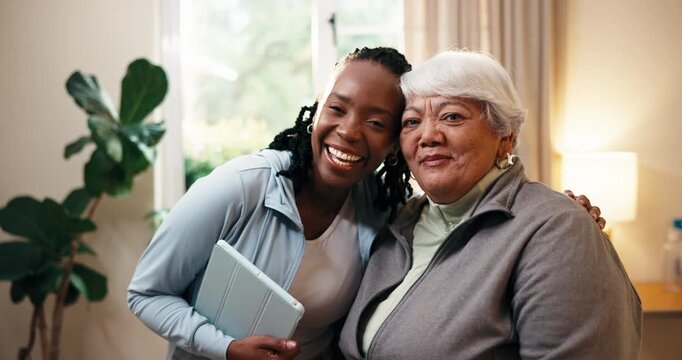 Old woman, face and physiotherapist with tablet in house, embrace and trust for healthcare services. Physical therapy, portrait and hug with senior person, support and bonding with patient in home