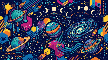 Naklejka premium Abstract retro space seamless pattern with planets moon phases and stars