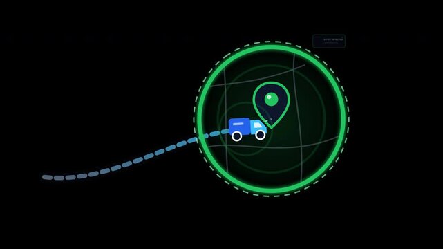 Animated geofencing system detects a delivery vehicle entering a virtual boundary with a location pin, radar signals, and confirmation alert on a transparent background.