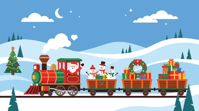 Merry Christmas Santa Claus delivers a Christmas gift on a festive train during a winter holiday, a charming Christmas