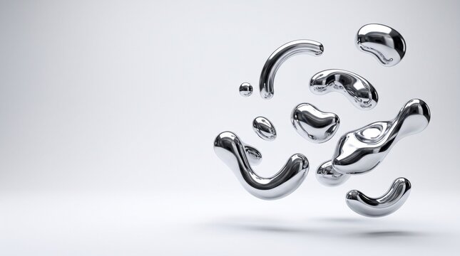 Abstract 3D Liquid Chrome Metal Shapes Floating in Minimalist White Background Environment