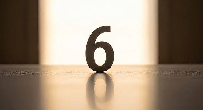Single Number Six Standing on Reflective Surface.