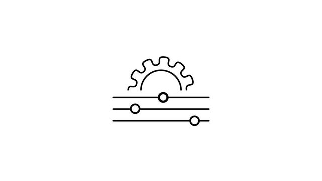 Adjustment icon animation. Animated line spinning gear and slider setting. Control panel. Operating system. Loop video with alpha channel, transparent background. Outline