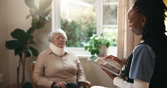 Tablet, nurse and old woman with brace in home for healthcare, recovery or rehabilitation. Tech, injury and medical support with caregiver speaking to senior patient in assisted living for help