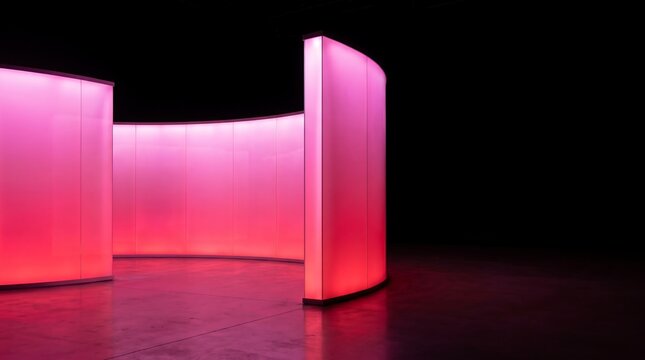Curved neon pink illuminated partition wall in dark space with architecture
