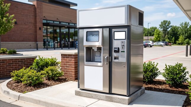 Automated ice vending machine outdoors. Self-service ice dispenser kiosk in a parking lot.