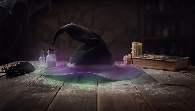 A classic witchs hat emanating a mystical purple and green glow rests on a dusty wooden table amidst ancient spell ingredients perfect for Halloween magic and fantasy concepts