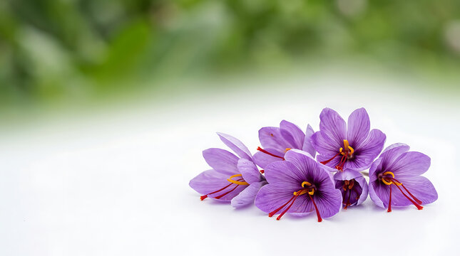Fresh purple saffron crocus flowers with red stigmas and yellow stamens lying on a white surface with a soft blurred green nature background, harvested for high-quality gourmet spice.