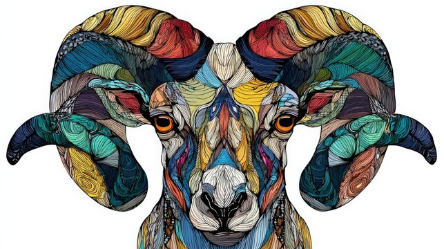 A vibrant, intricate illustration of a ram's head filled with colorful, swirling patterns and bold lines creating a striking, artistic effect.