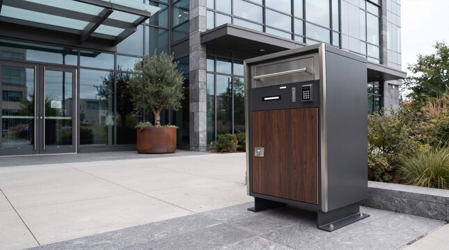 Modern package drop box at office entrance. Secure parcel delivery locker for business.