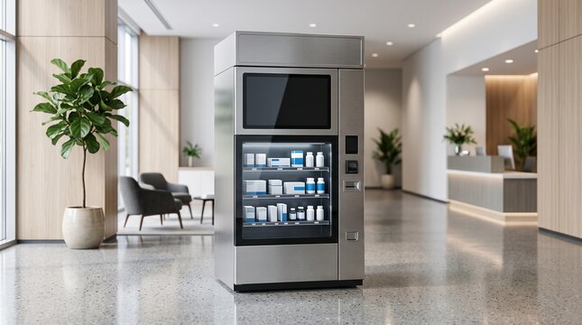 Medicine vending machine in hospital lobby. Automated pharmacy kiosk for healthcare facility.