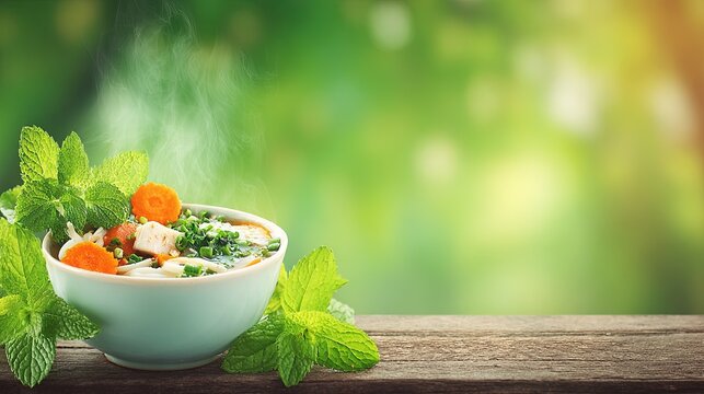 Steaming bowl of hot vegetable soup with fresh mint leaves on a wooden table