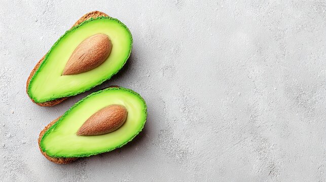 Fresh green avocado halves with pits placed on slices of toasted bread on a gray table