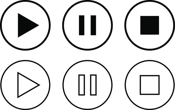 play pause stop media icon set. circular audio video player control buttons