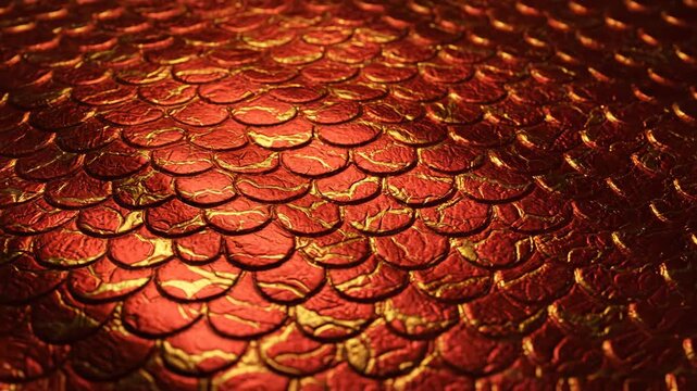 Abstract Metallic Red and Gold Dragon Scales Texture Background. Close-up of Fantasy Reptilian Pattern or Ancient Armor Surface Detail.