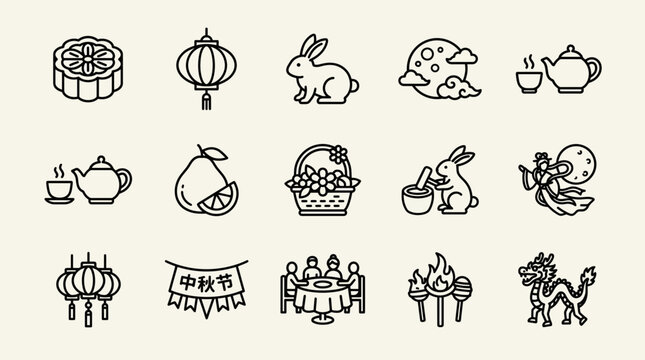 Mid-Autumn Festival Line Icon Set - Vector Illustration