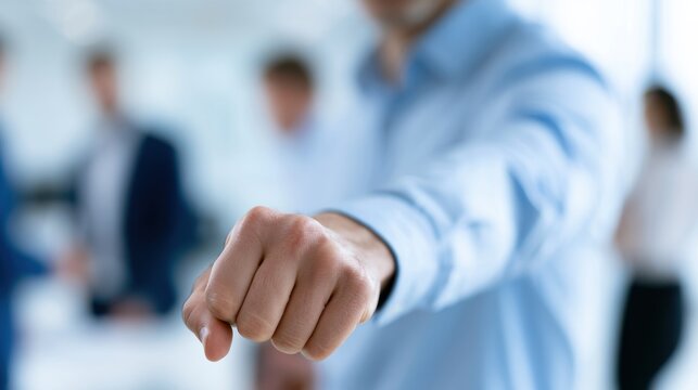 A man in a blue shirt, with his fist extended forward, stands in front of other blurred people in an office setting