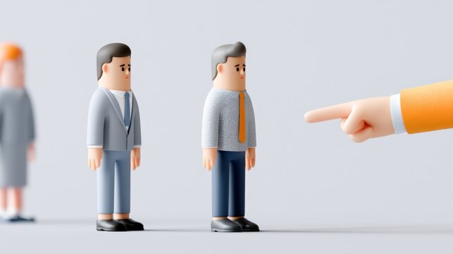 A cartoon finger points at a line of diverse toy businessmen, symbolizing a selection process or judgment